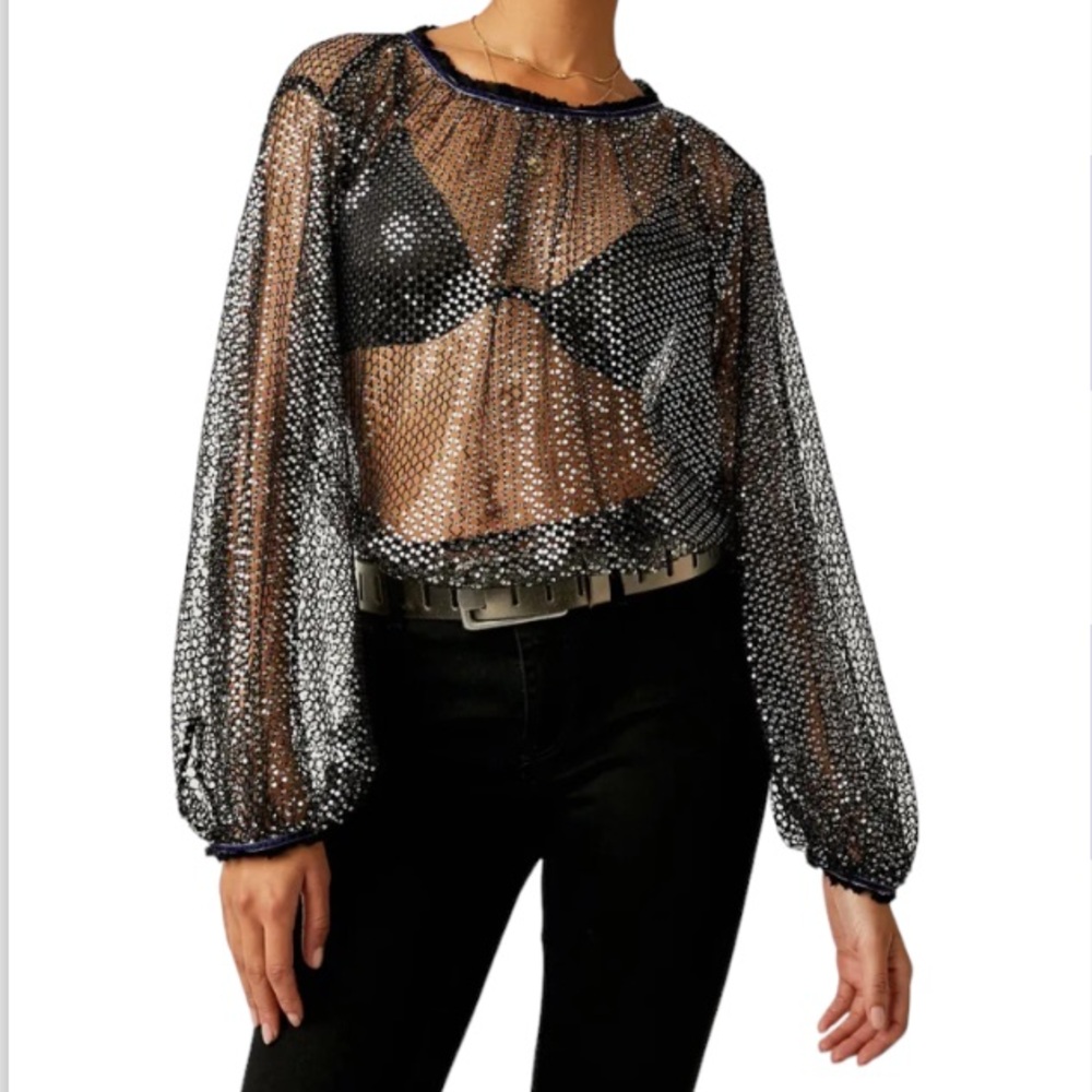 Free People Sparks Fly Sequin Mesh Shirt